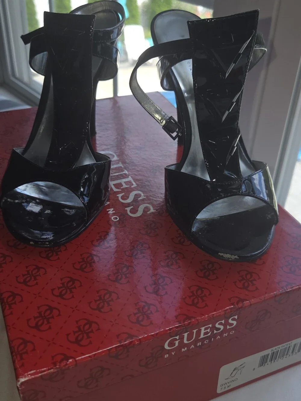 Guess Black Patent T-Strap Platform Heels
